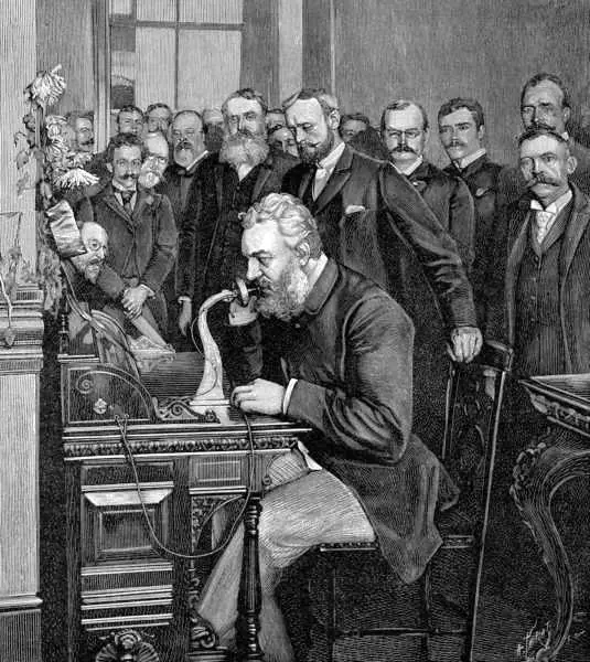 Alexander Graham Bell prezinta inventia sa telefonul