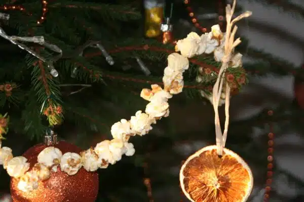 Decoratiuni pentru brad din popcorn si felii de portocale